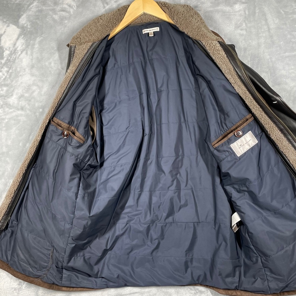 Peter Millar Brown Leather Sherpa Lined Detachable Collar Jacket Mens XL - Picture 9 of 14